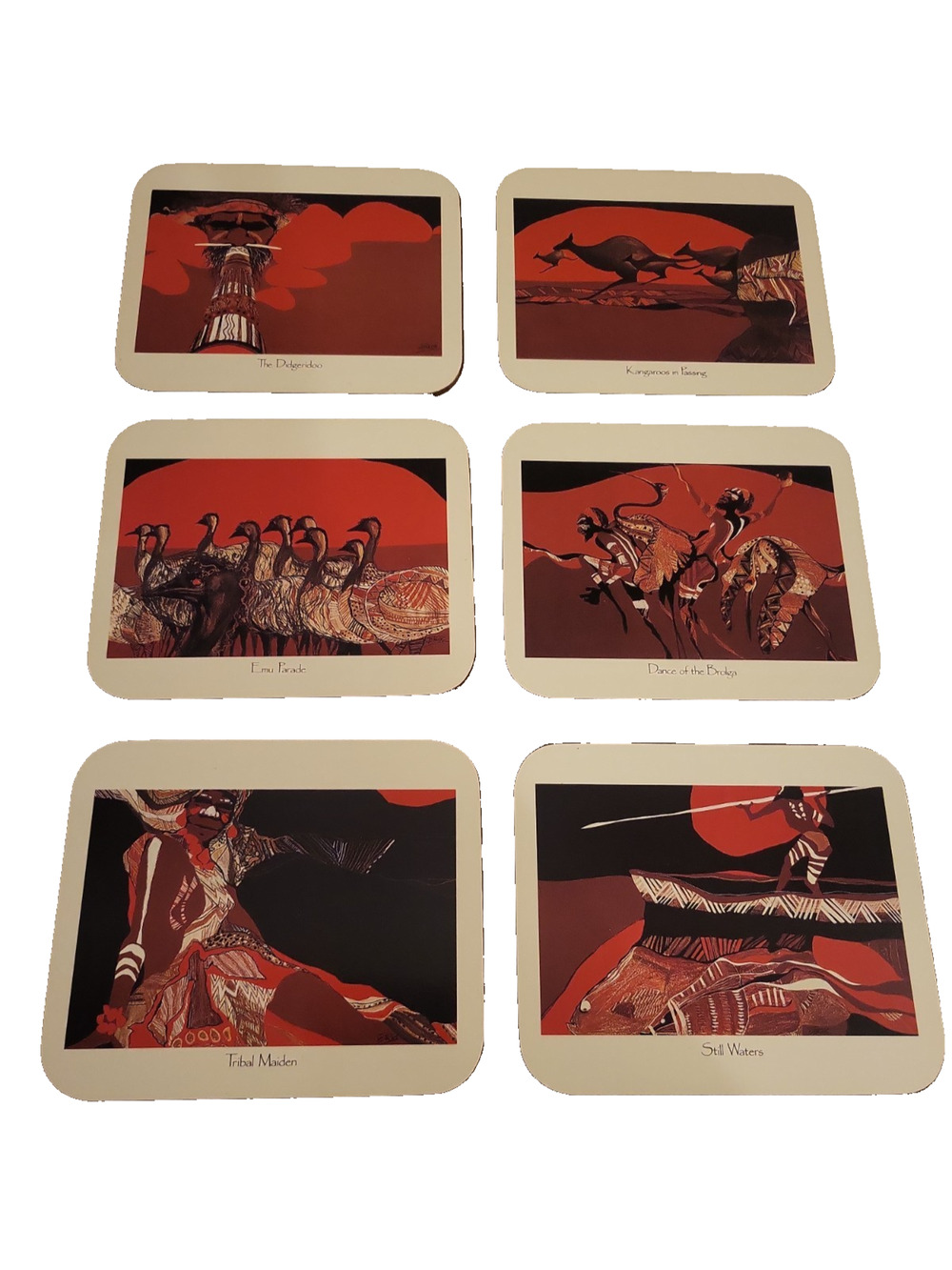 Aboriginal Art Coaster Set Of Six Australia Decor Red & Black Colors 4.5 x 3.75"